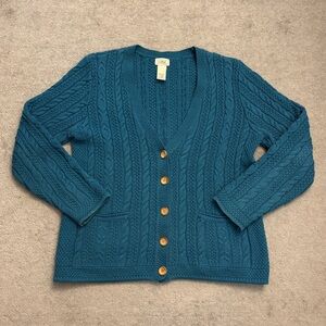 L.L. Bean Cotton Chunky Cable Knit Long Sleeve V Neck Cardigan Teal Women’s
